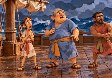 Ilustração de papel: marinheiros no convés de um navio durante a tempestade