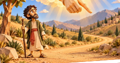 Ilustração de papel: um pastor com cajado numa paisagem de deserto