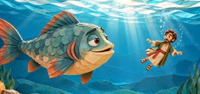 Ilustração de papel do filme Jonas, com o profeta diante do grande peixe